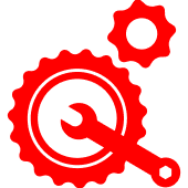 Red cog and magnifying glass logo.