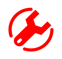 Red wrench icon with circular motion lines