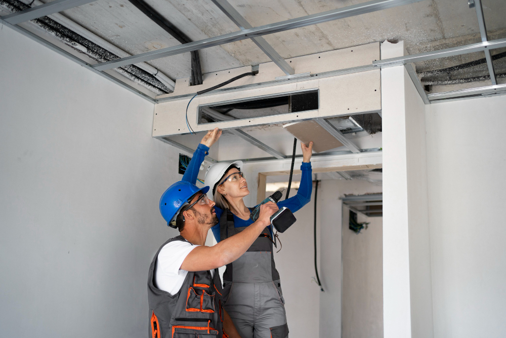 Technicians inspecting air conditioning system installation, focusing on maintenance and repair services for HVAC systems.