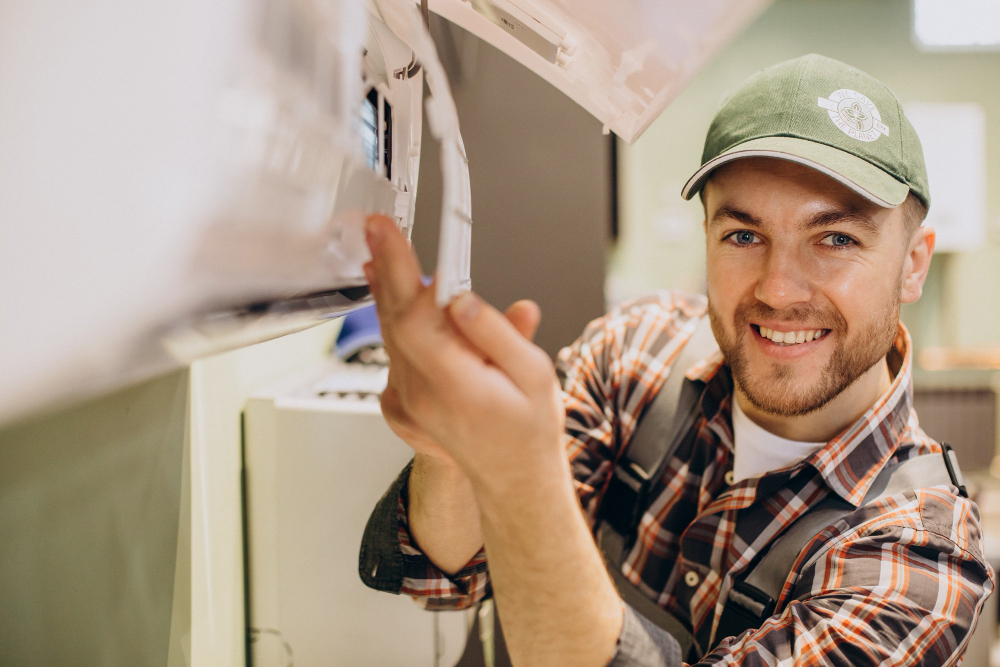 HVAC technician repairing air conditioning unit, showcasing expertise in AC repair services for Frost & Kretsch Heating & Cooling in New Baltimore, MI.
