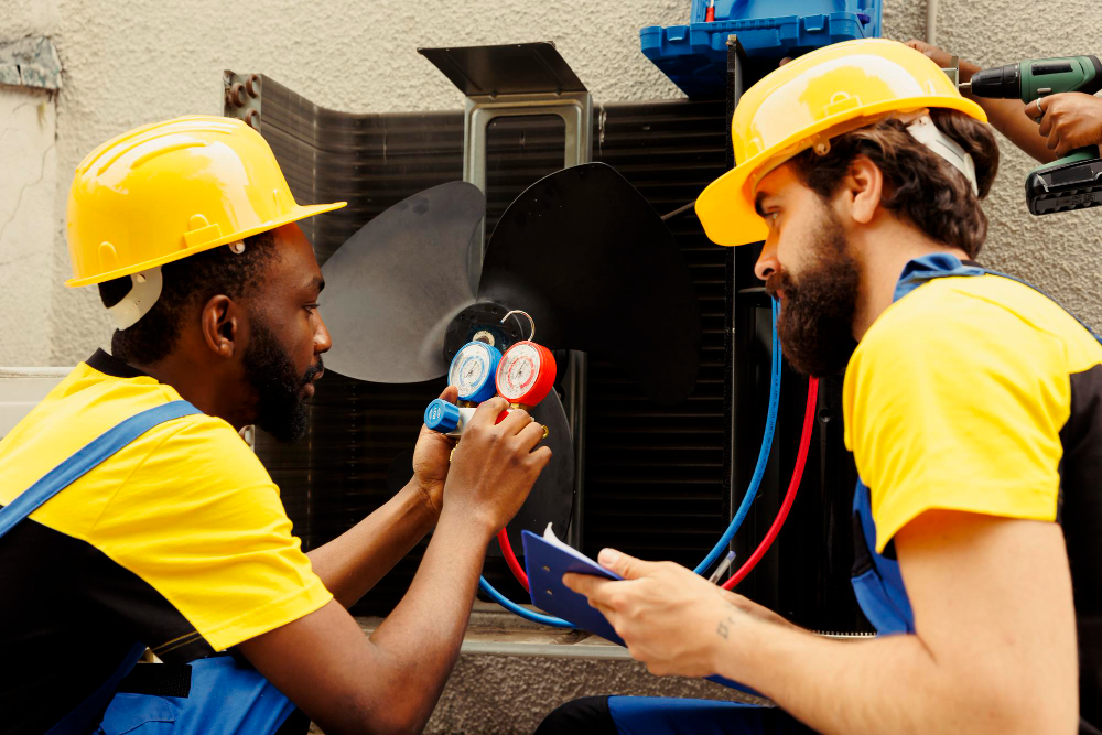 Two HVAC technicians in yellow and blue uniforms inspecting an air conditioning unit, using gauges and taking notes, emphasizing reliable AC repair services.