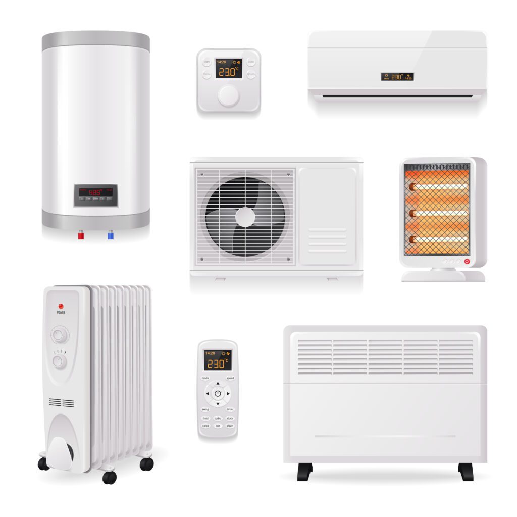 Various air conditioning and heating units including a wall-mounted AC, portable heater, radiator, and thermostat, representing HVAC solutions for home comfort.