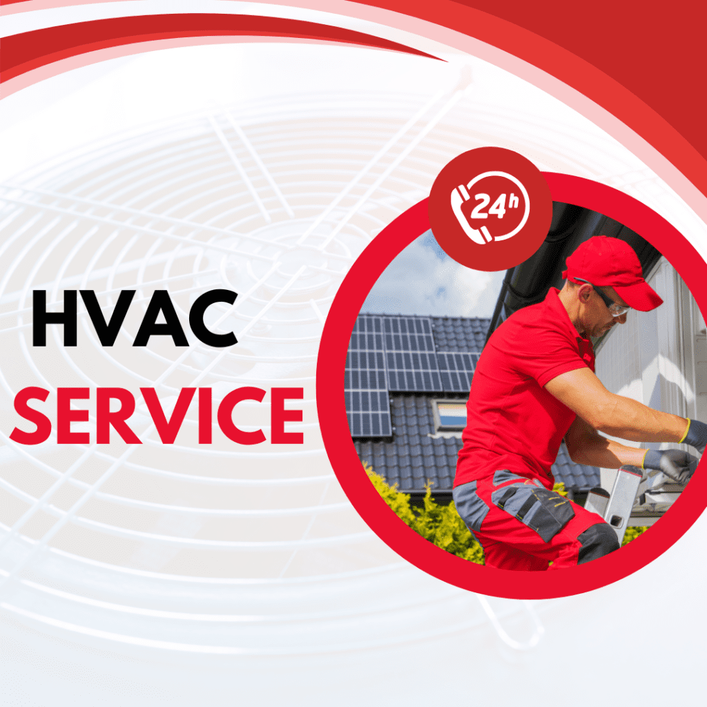 HVAC service technician in red uniform performing maintenance on an air conditioning unit, emphasizing 24-hour service availability, with solar panels in the background.