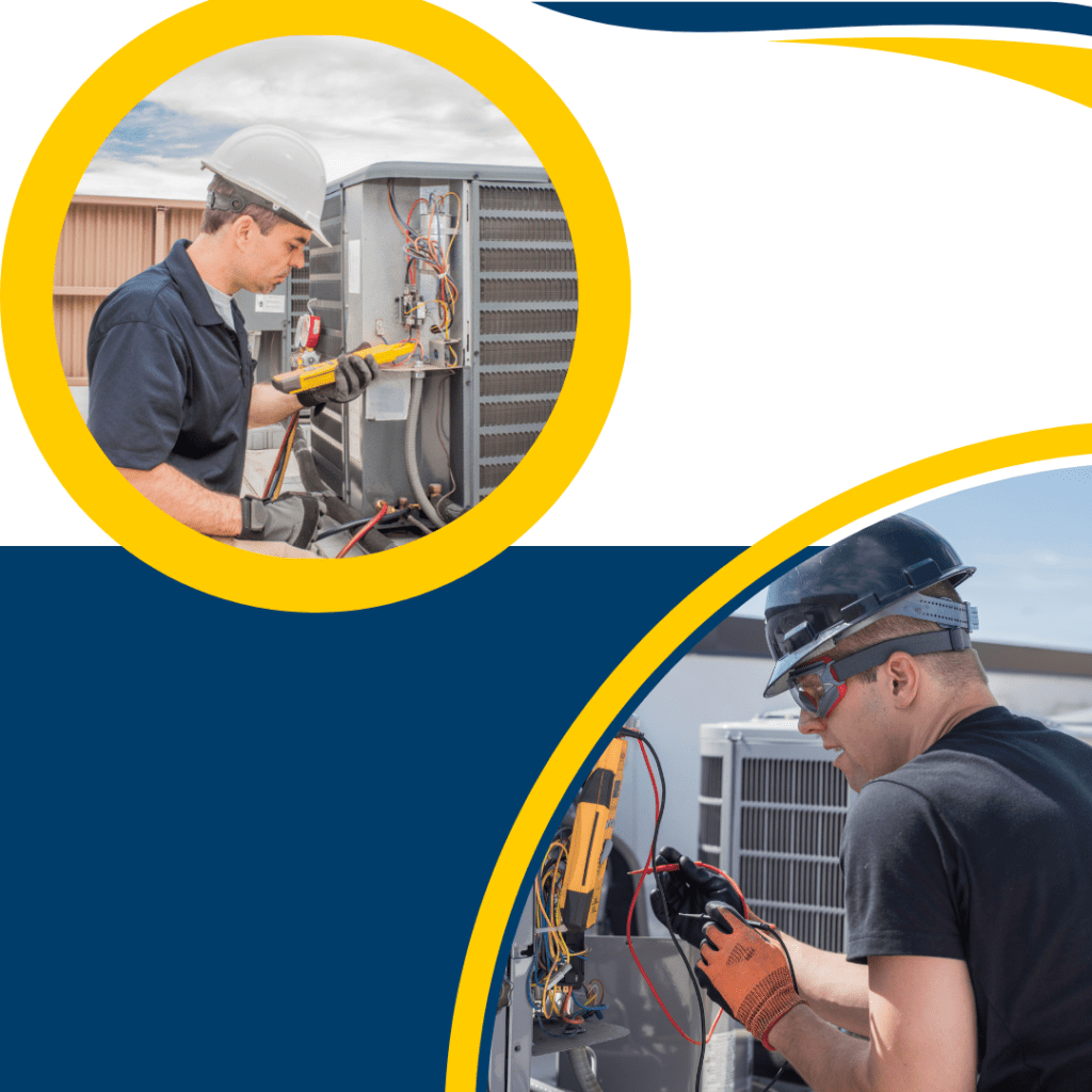 HVAC technicians performing service and repair on air conditioning units, showcasing expertise in heating and cooling systems.