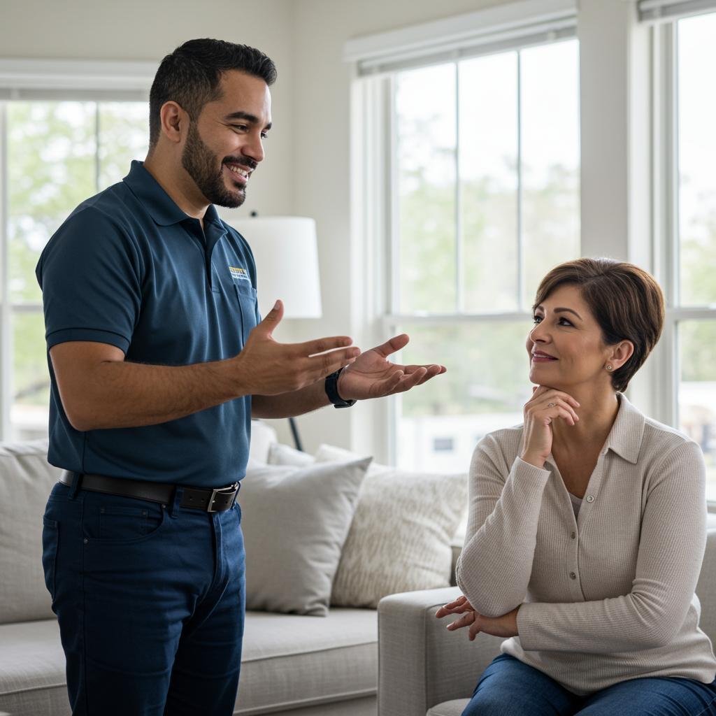 Man in blue polo discussing AC options with woman in a cozy living room, emphasizing customer service and expert guidance for air conditioning upgrades.