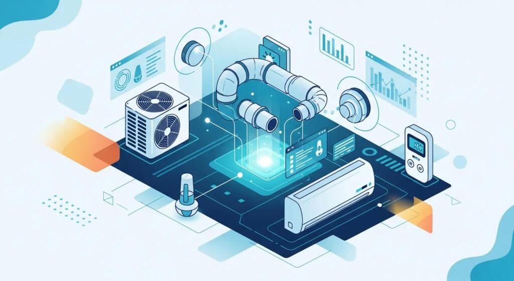 Illustration of HVAC system components including air conditioning unit, pipes, and digital monitoring devices, representing AC repair insights for Chesterfield homes.