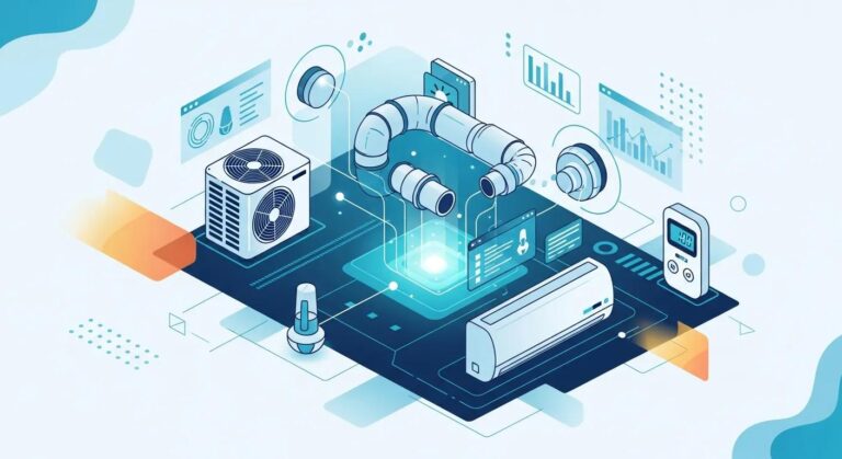 HVAC system components including air conditioning unit, pipes, thermostat, and digital display, illustrating essential elements for Chesterfield AC repair and maintenance.