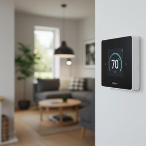 Showcase of energy-efficient cooling technologies including smart thermostat and high-efficiency AC unit