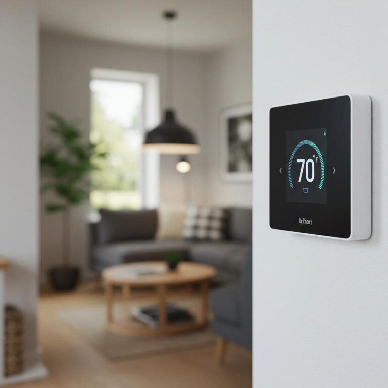 ### Key Elements

- **Main Subject**: Smart thermostat
- **Temperature Display**: 70°F
- **Setting**: Modern living room
- **Notable Features**: Sleek design, digital interface
- **Surrounding Objects**: Sofa, coffee table, plant
- **Lighting**: Natural light from window
- **Color Palette**: Neutral tones with pops of green

### Overall Mood/Theme
The image conveys a sense of modern comfort and convenience, highlighting the integration of technology in home living. The clean lines and soft lighting create a welcoming and relaxed atmosphere.