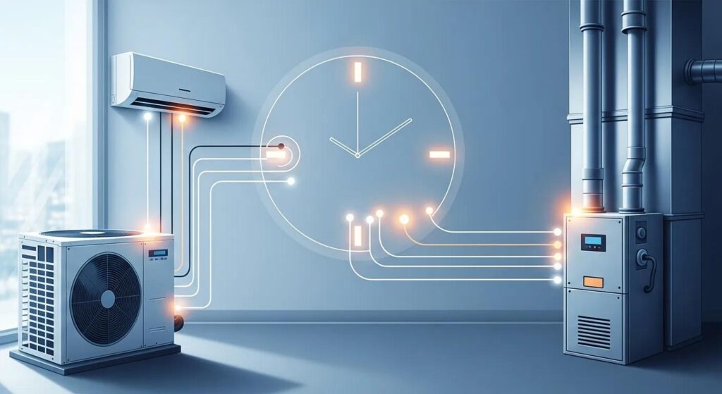 Air conditioning unit and heating system with visualized connection lines and clock graphic, illustrating HVAC functionality and efficiency in Chesterfield homes.