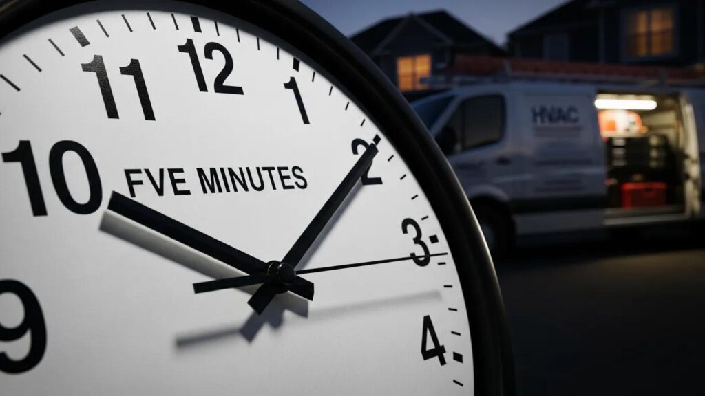 Clock indicating urgency with "FIVE MINUTES" text, featuring an HVAC technician's van in the background, symbolizing rapid AC emergency repair response times in New Baltimore.