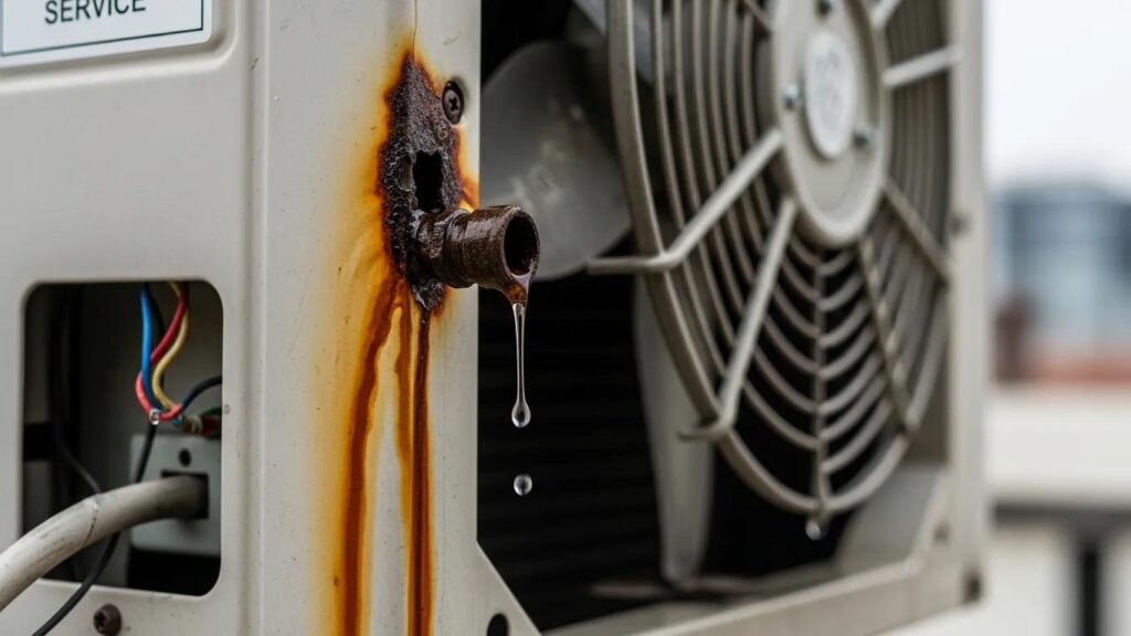 Close-up of a malfunctioning air conditioning unit showing signs of wear and potential issues