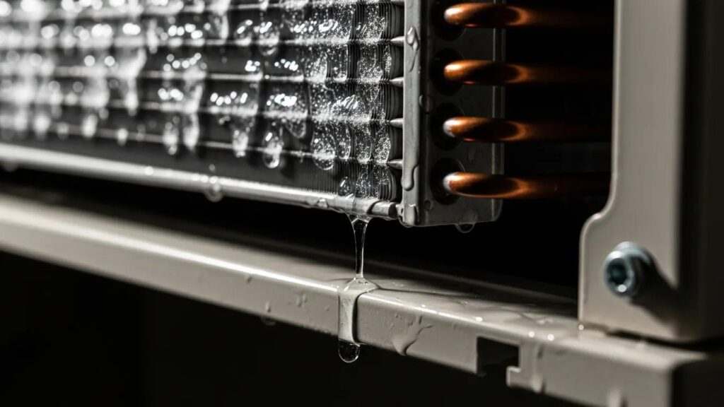 Close-up of an air conditioning unit showing signs of malfunction