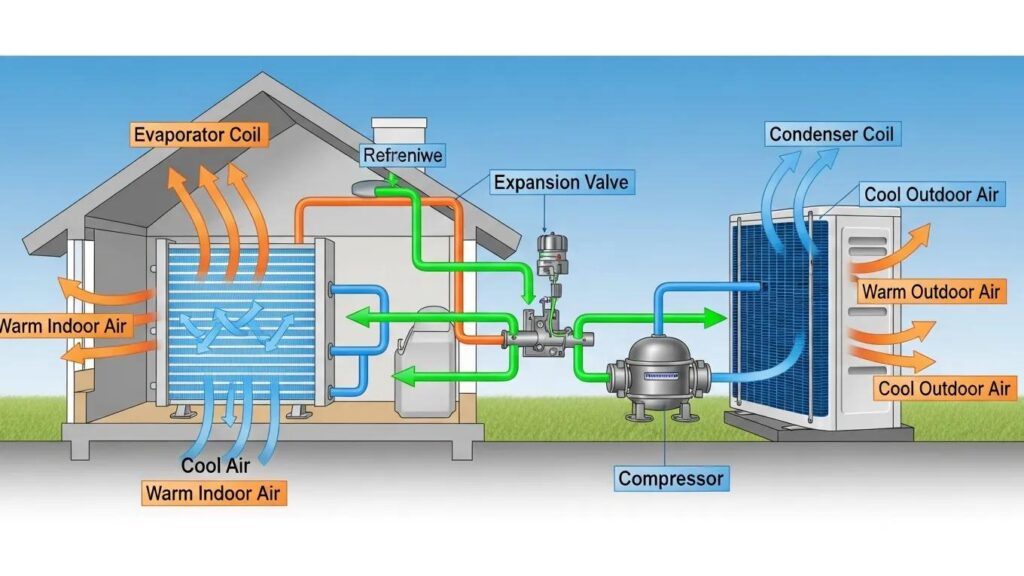Diagram of HVAC cooling process showing refrigerant flow in an air conditioning system