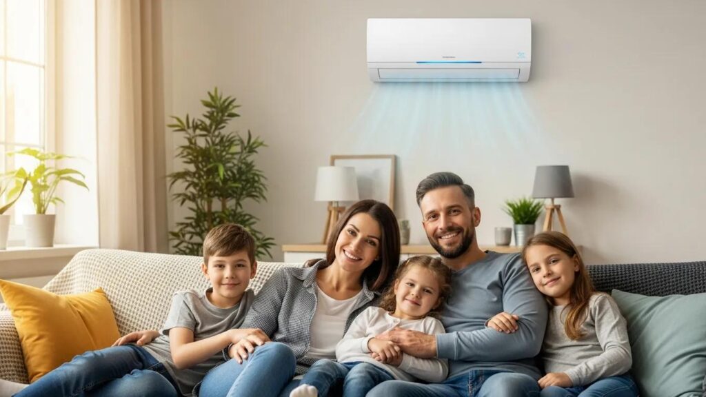 Happy family enjoying a comfortable home environment with an air conditioning unit, emphasizing customer satisfaction in HVAC services.