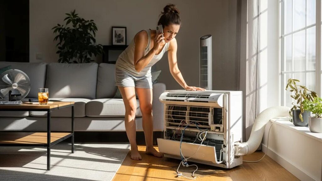 Homeowner in distress over a broken air conditioning unit, emphasizing the urgency of HVAC emergencies