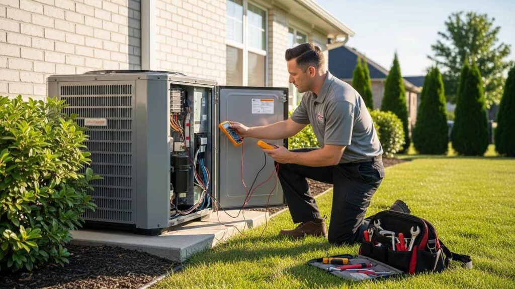 HVAC technician diagnosing an air conditioning unit in a home setting