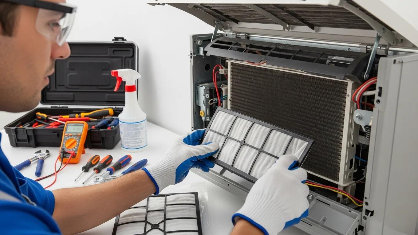 HVAC technician performing maintenance on an air conditioning unit, highlighting service importance