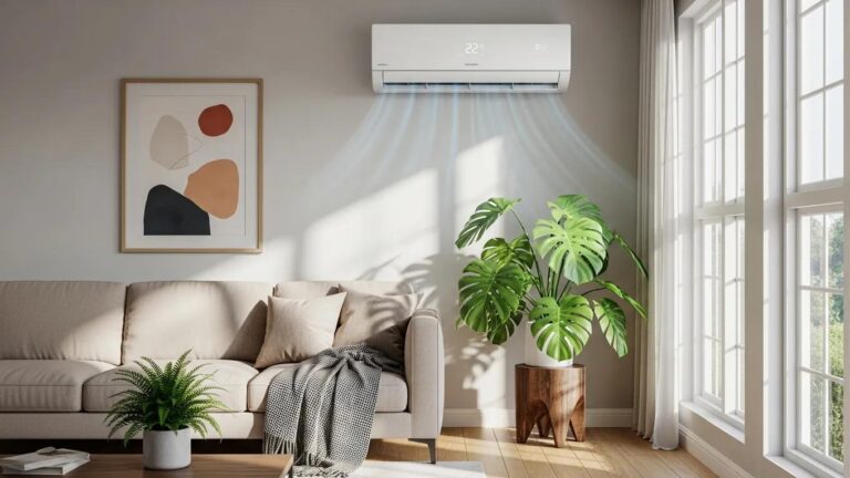 Modern air conditioning unit in a stylish living room, emphasizing comfort and energy efficiency