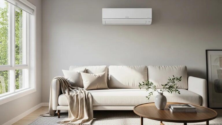 Modern air conditioning unit in a stylish living room, enhancing home comfort