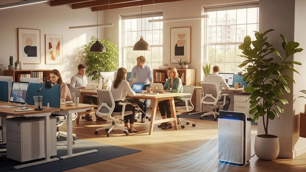 Modern office with an air purifier improving indoor air quality