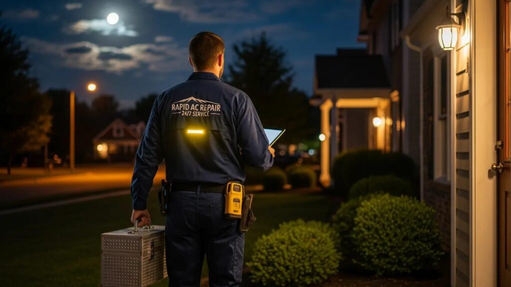Technician arriving at a home for after-hours AC service, showcasing the benefits of 24/7 HVAC support