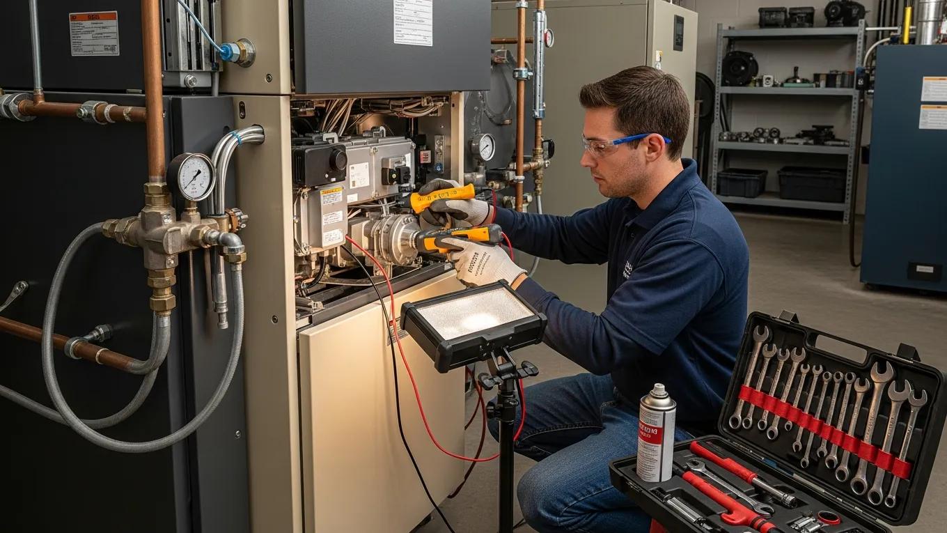 Technician conducting maintenance on a commercial furnace