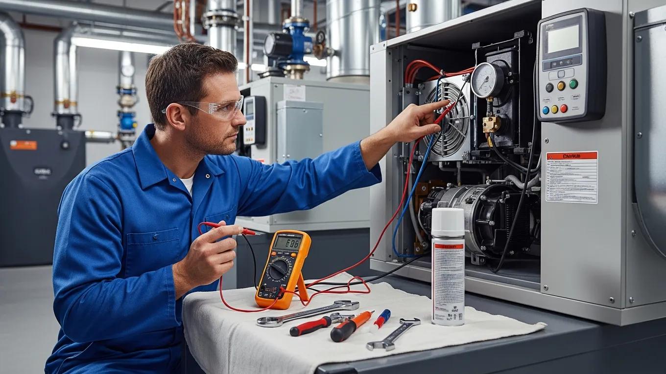 Technician conducting routine maintenance on an HVAC system