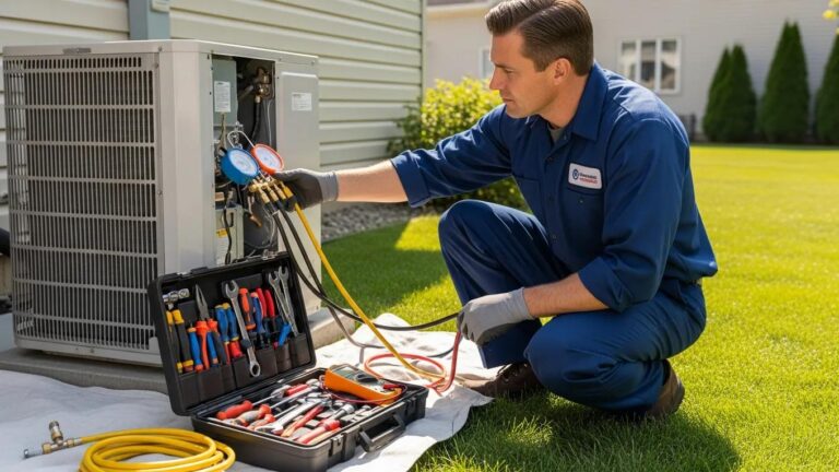 Technician inspecting an air conditioning unit for repair in a residential setting