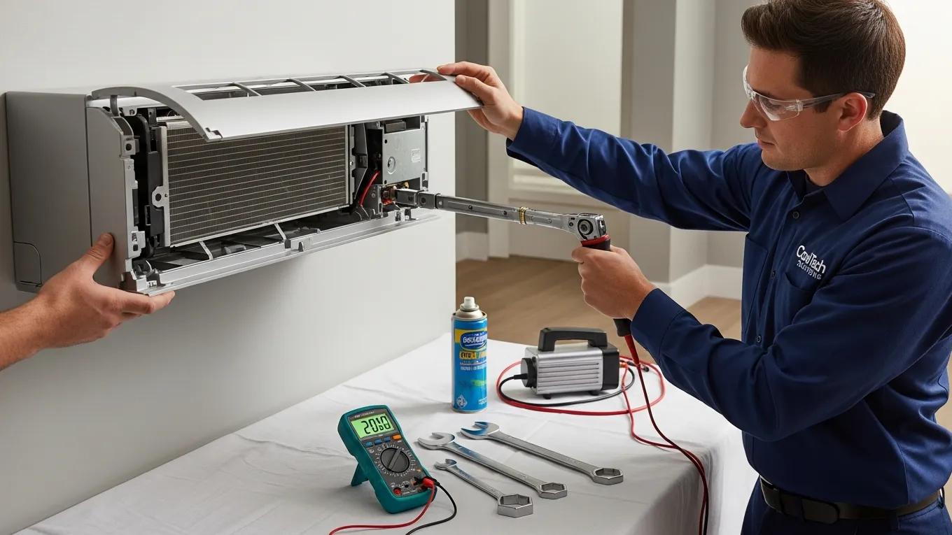 Technician performing maintenance on a high-efficiency ductless air conditioning system, showcasing tools and equipment, emphasizing the importance of AC upgrades for improved efficiency and comfort.