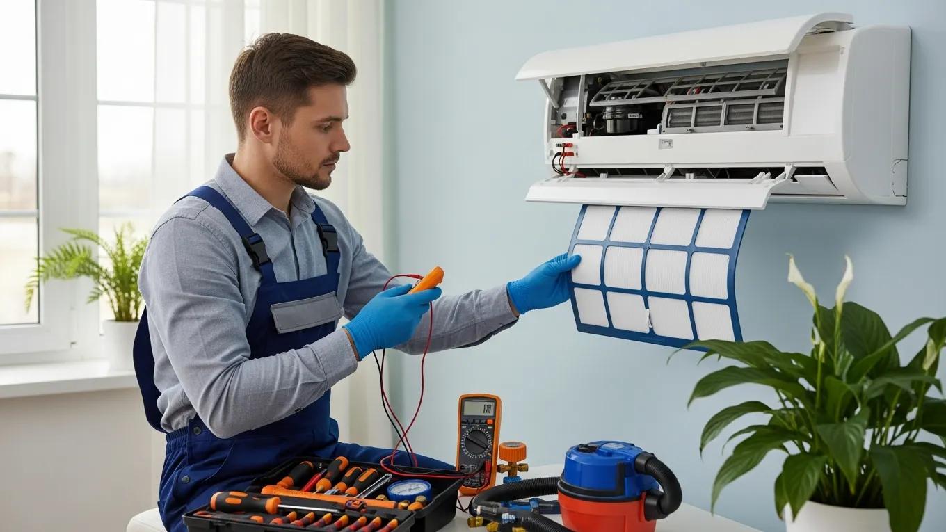 Technician performing routine maintenance on an air conditioning system, emphasizing the importance of upkeep
