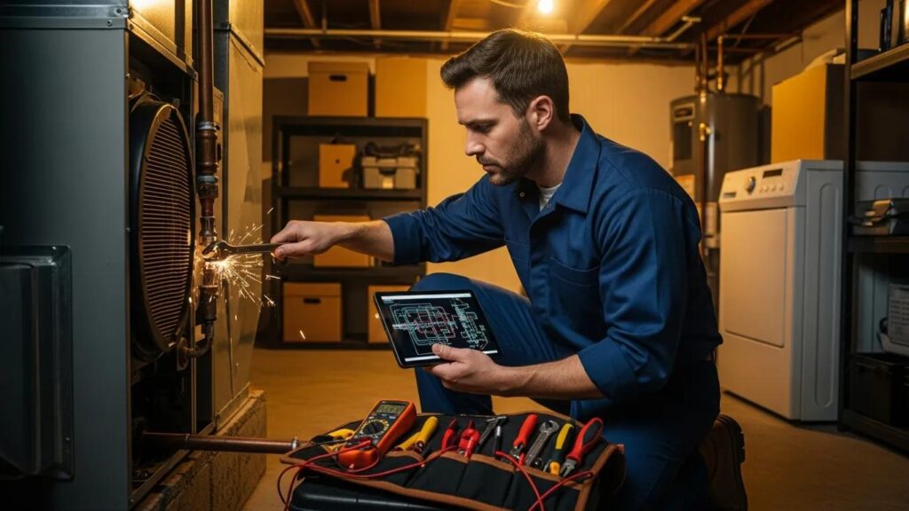 Technician responding to emergency HVAC repair, showcasing urgency and professional service