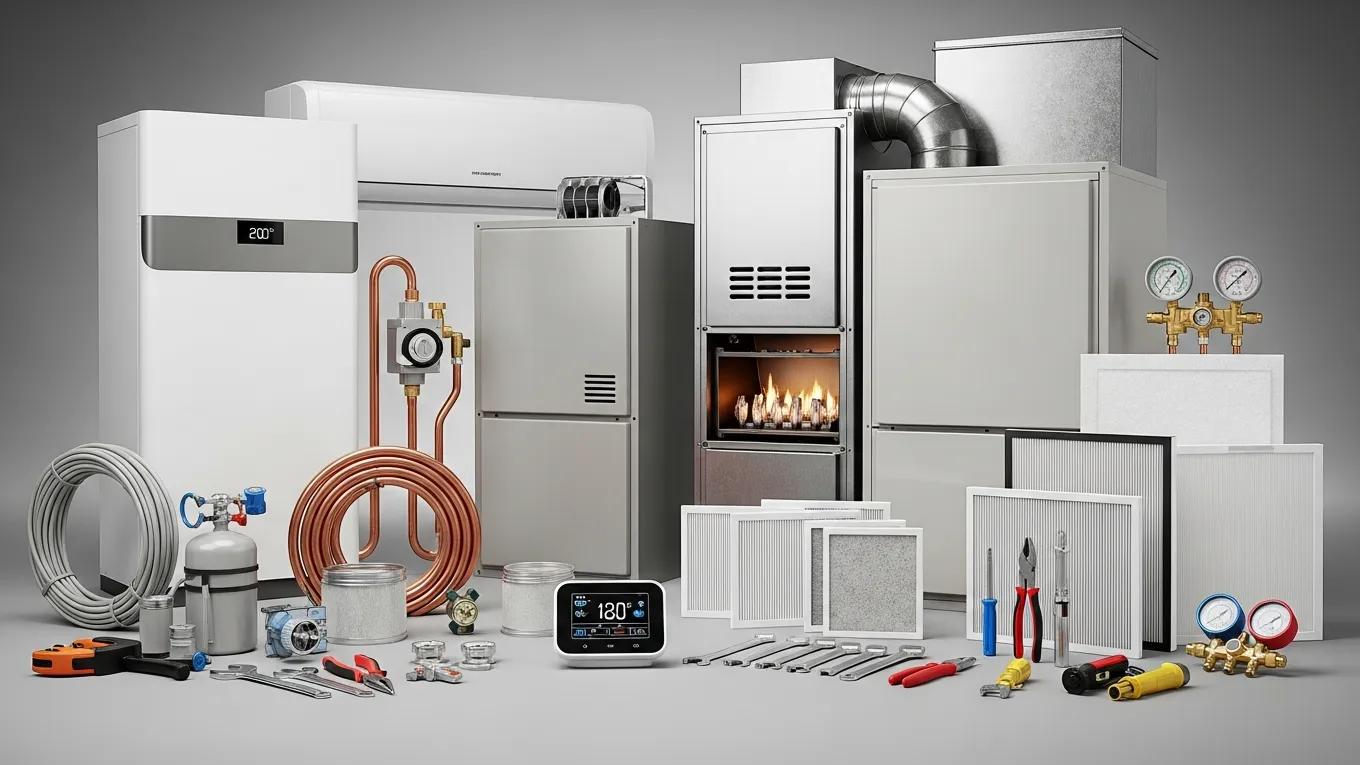 Various HVAC components representing types of repairs and maintenance services available