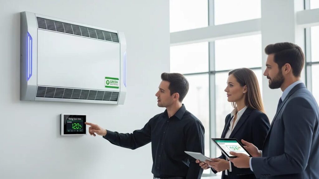 Energy-efficient HVAC system with a digital thermostat in a commercial building, showcasing green technology