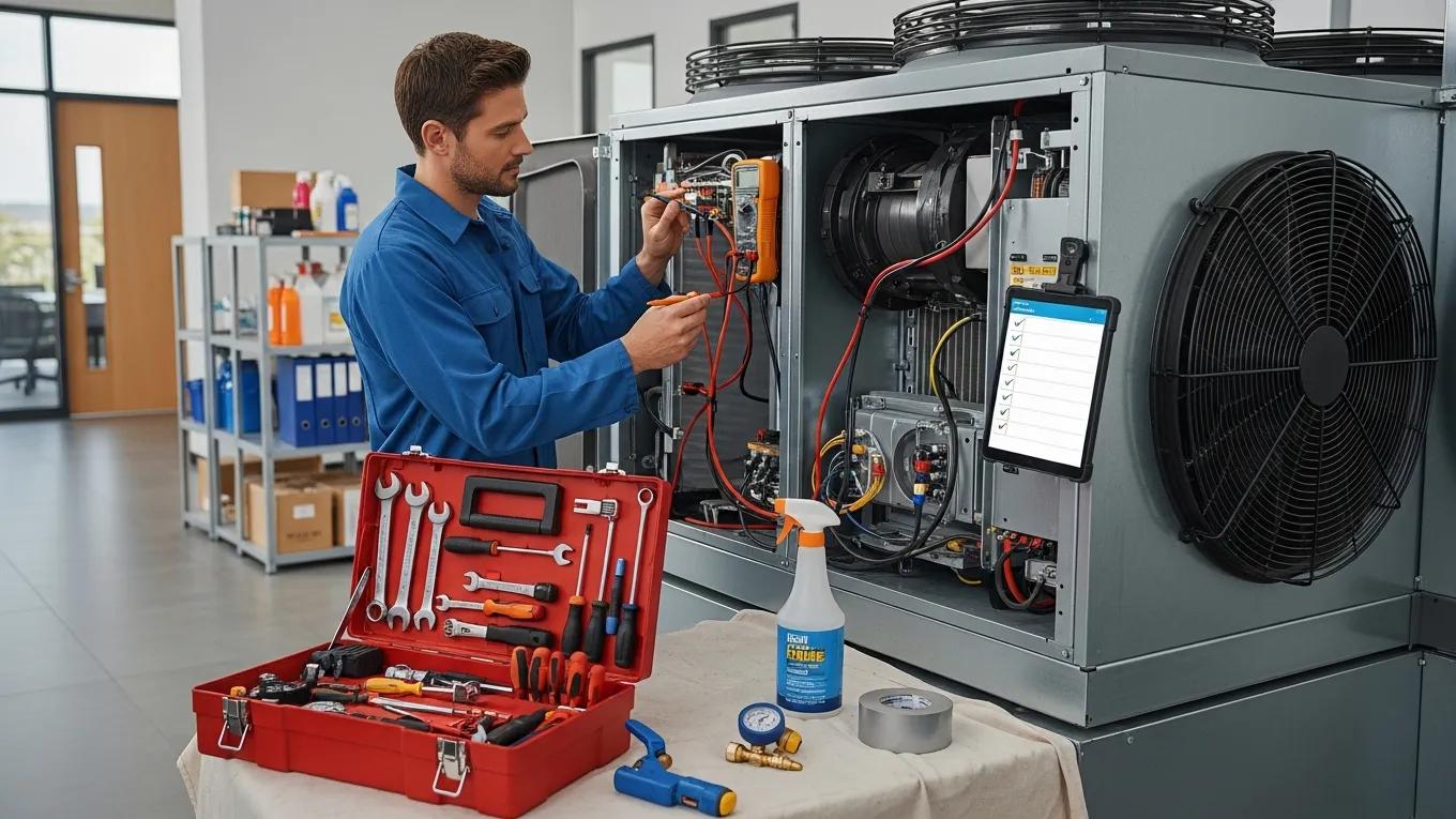 HVAC technician conducting maintenance on a large commercial HVAC system in a business environment