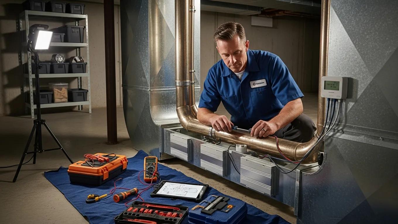 HVAC technician conducting maintenance on zone dampers and thermostats, emphasizing the importance of upkeep for energy efficiency