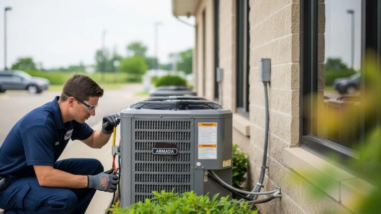 HVAC technician servicing an air conditioning unit outside a commercial building in Armada