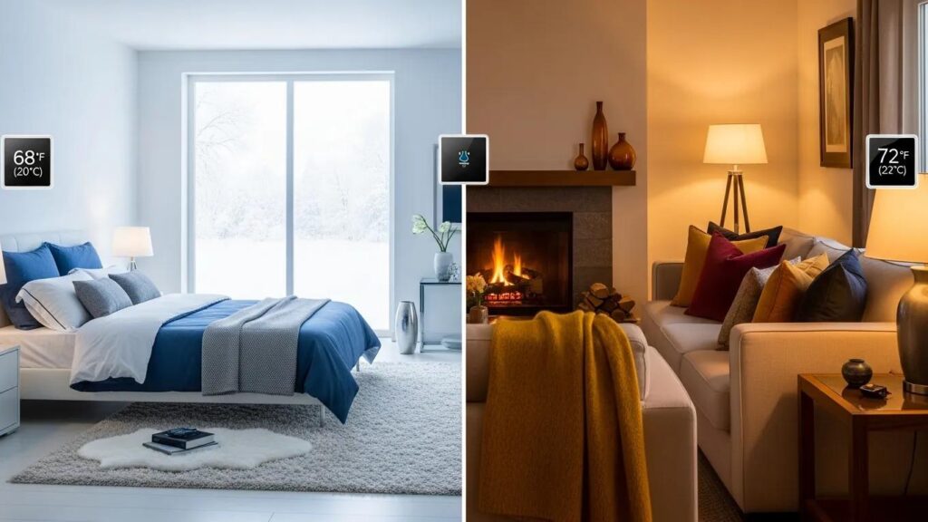Illustration of customized climate control in a home, showing comfortable bedroom and inviting living area with HVAC zoning