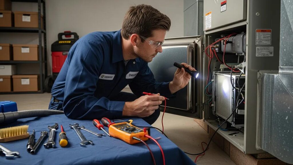 Technician conducting a furnace tune-up, exemplifying the importance of preventative service